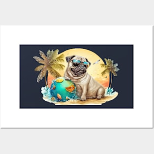 Cute Pug Dog Beach Bum All Over Tote Bag Posters and Art